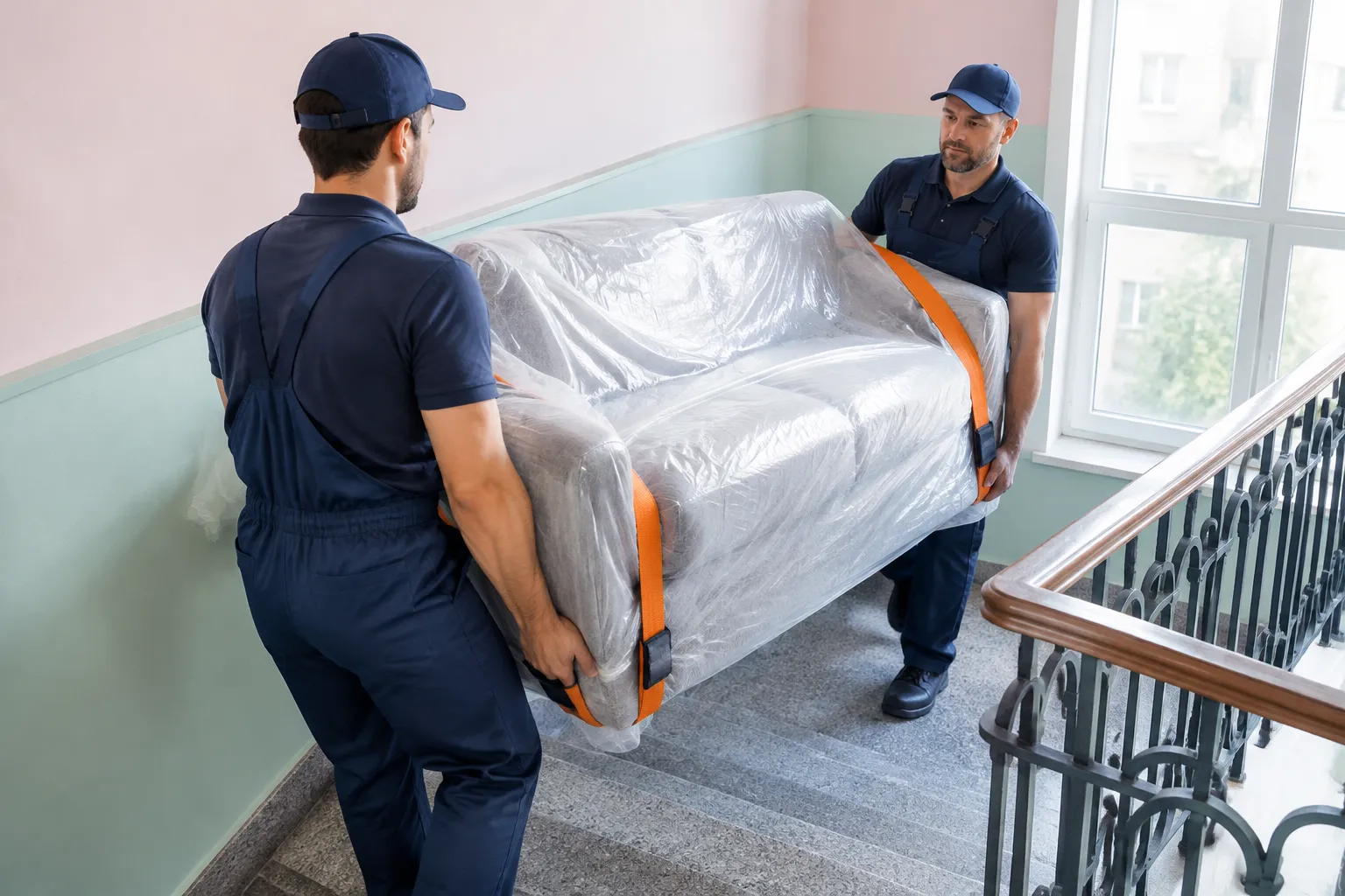 Déménageurs transportant un canapé emballé dans un escalier.
