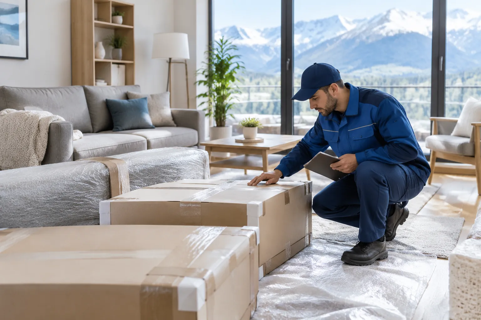 Déménageur inspectant des cartons emballés dans un salon.